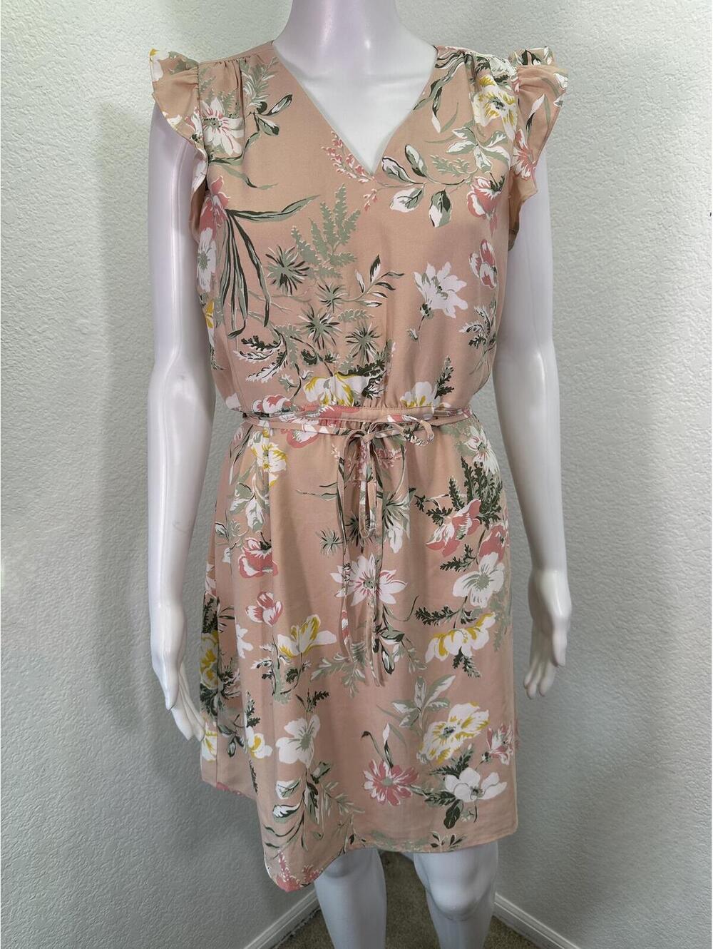 New Sz M Loft Pink Floral Dress Romantic Flutter Sleeve V-Neck Tie Waist
